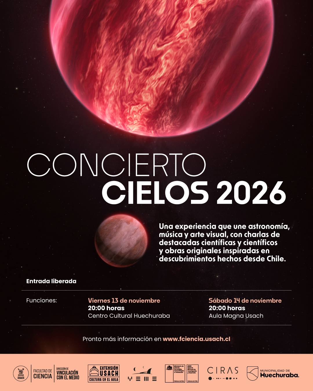 Afiche de Concierto Cielos 2026: 13 de noviembre en Centro Cultural Huechuraba y 14 de noviembre en Aula Magna Usach, a las 20:00 horas, entrada liberada