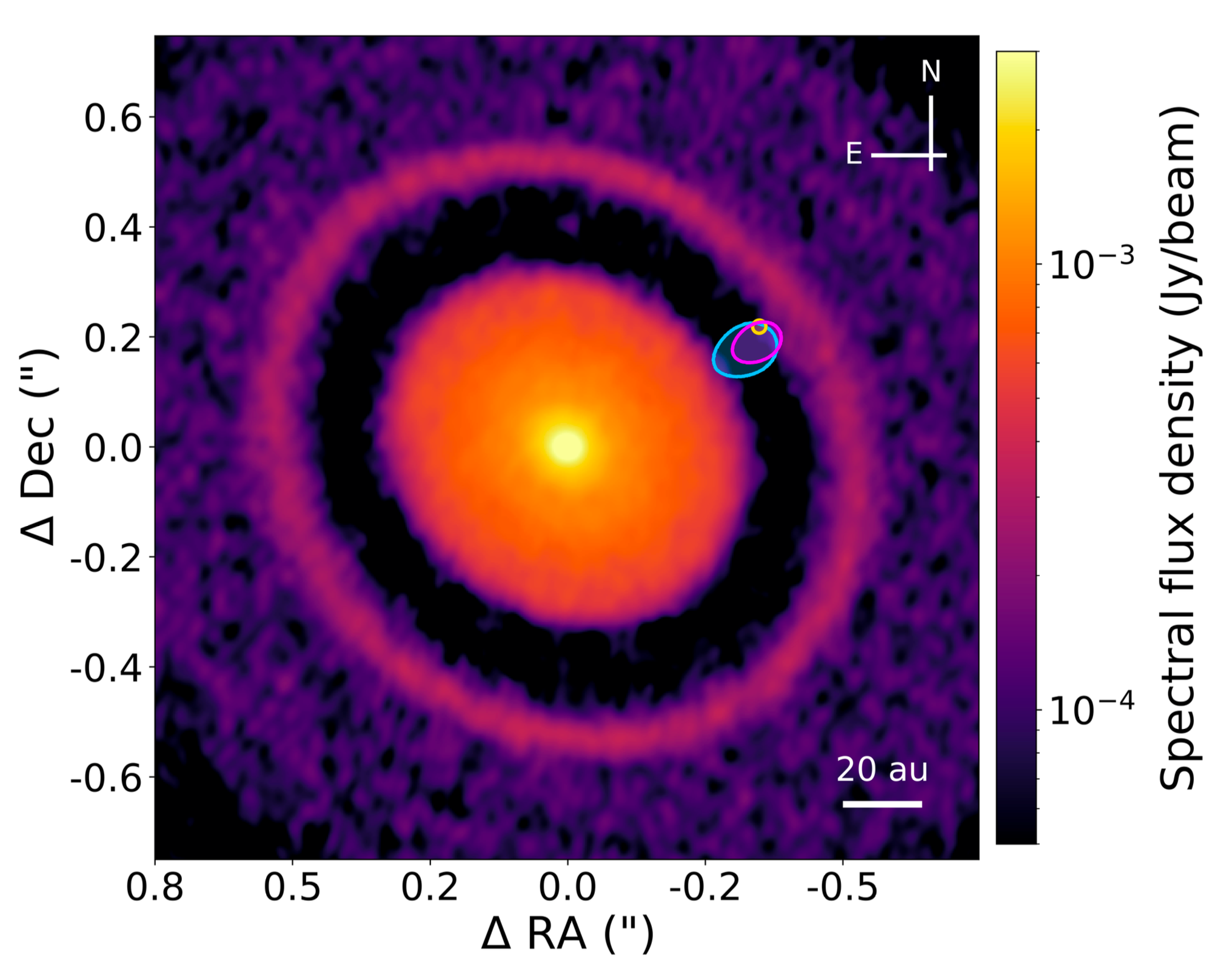 Observación de continuo de ALMA a 1,3 mm de Elias 2-24 con restricciones sobre la posición del protoplaneta.